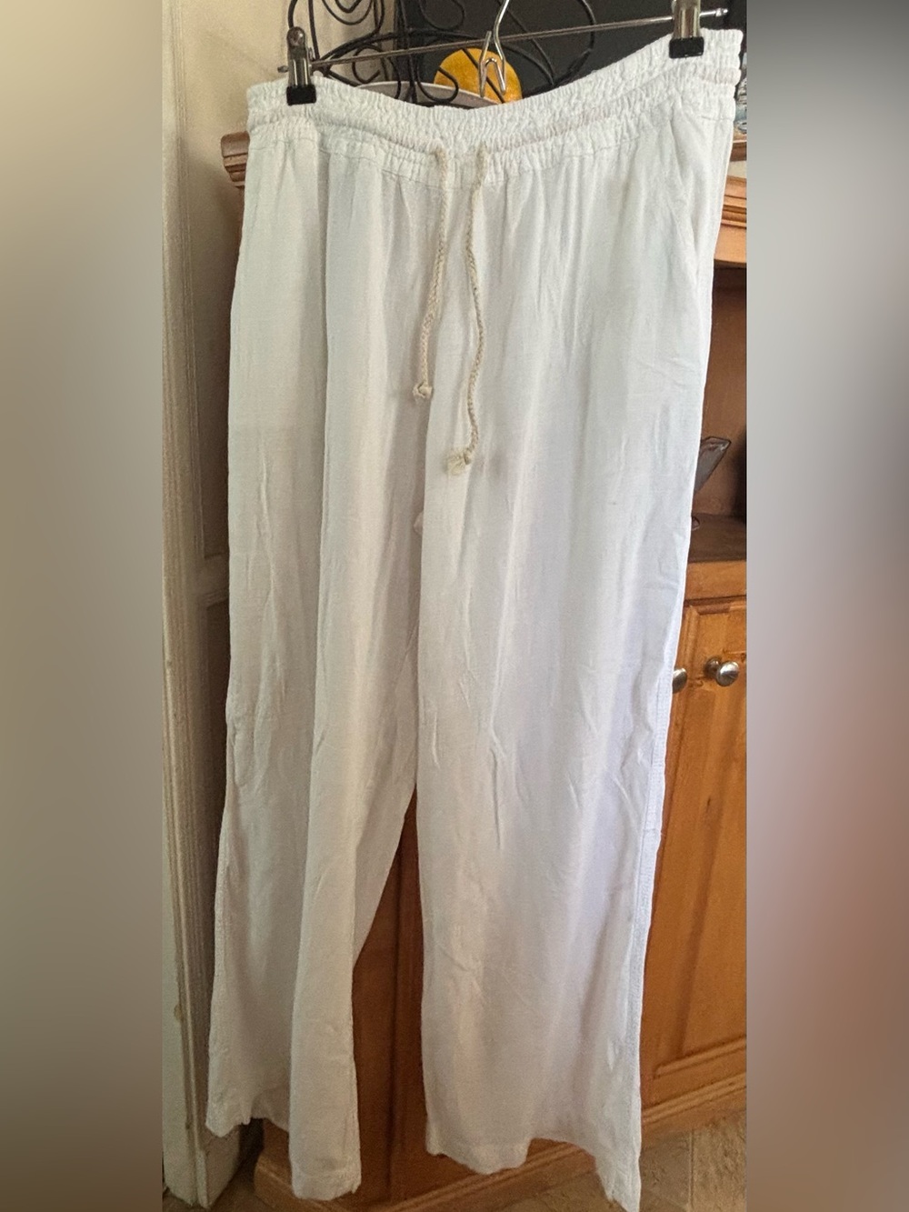Angel Kiss White Drawstring Linen-Blend Straight Leg Pants